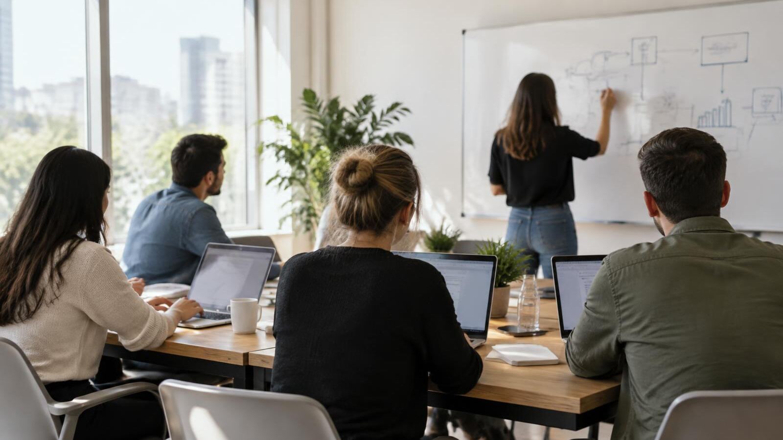 Employees work on laptops during a guided exercise while a facilitator stands beside a whiteboard in a bright training room