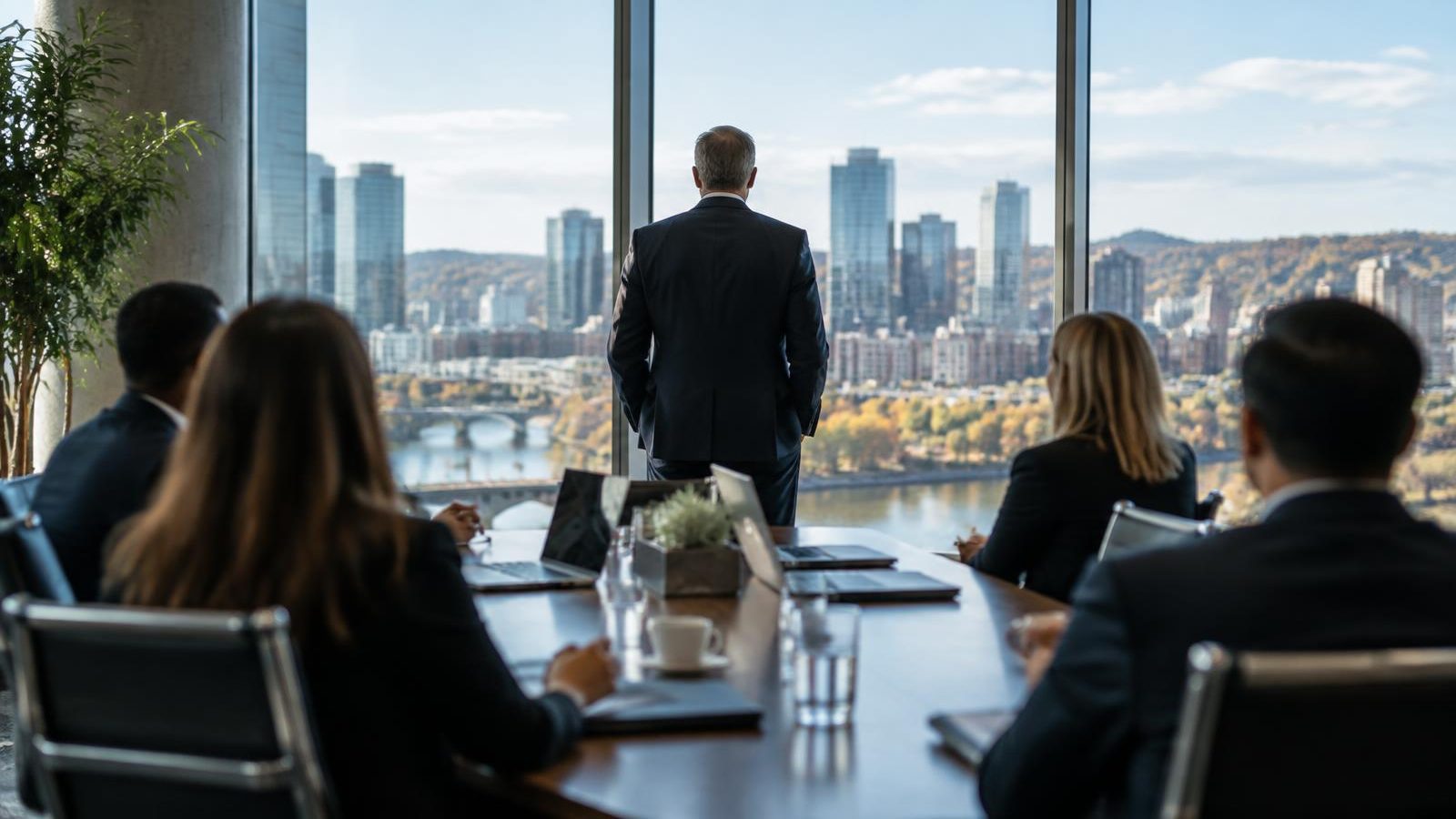 An executive stands at a boardroom window overlooking a city while a leadership team meets behind in soft focus
